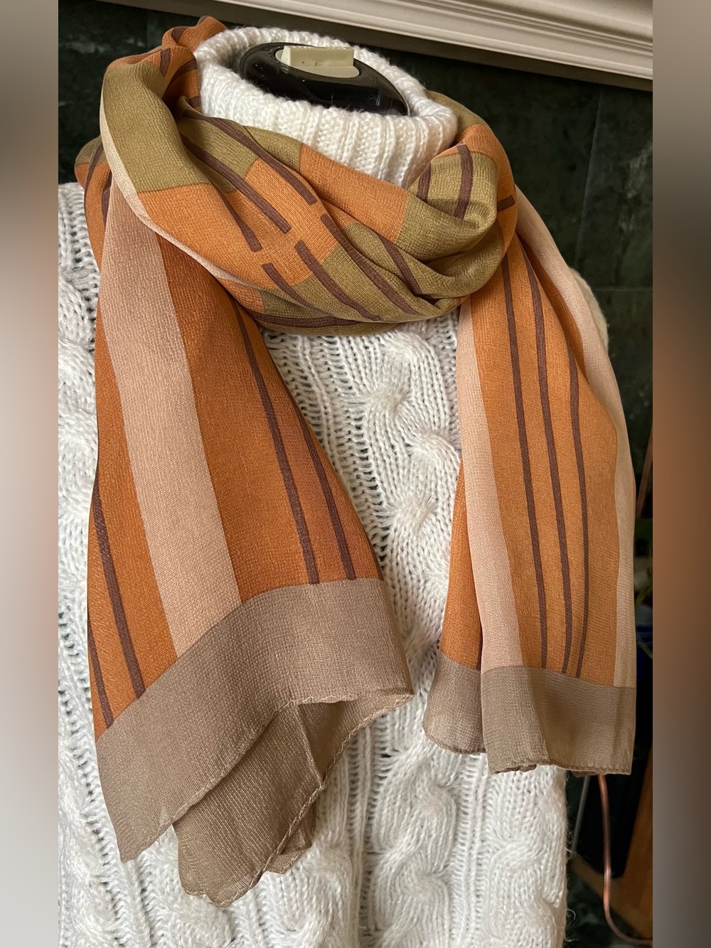 Luxury Silkian Striped Long Scarf in Peach Olive Cream Color-block  Shawl EUC
